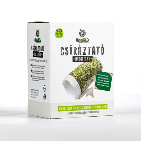 Legeldle fehér színű üvegedény doboza előről, oldalról fotózva.